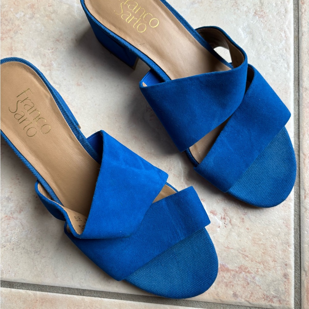 Franco Sarto Blue Mules with Asymmetrical Straps